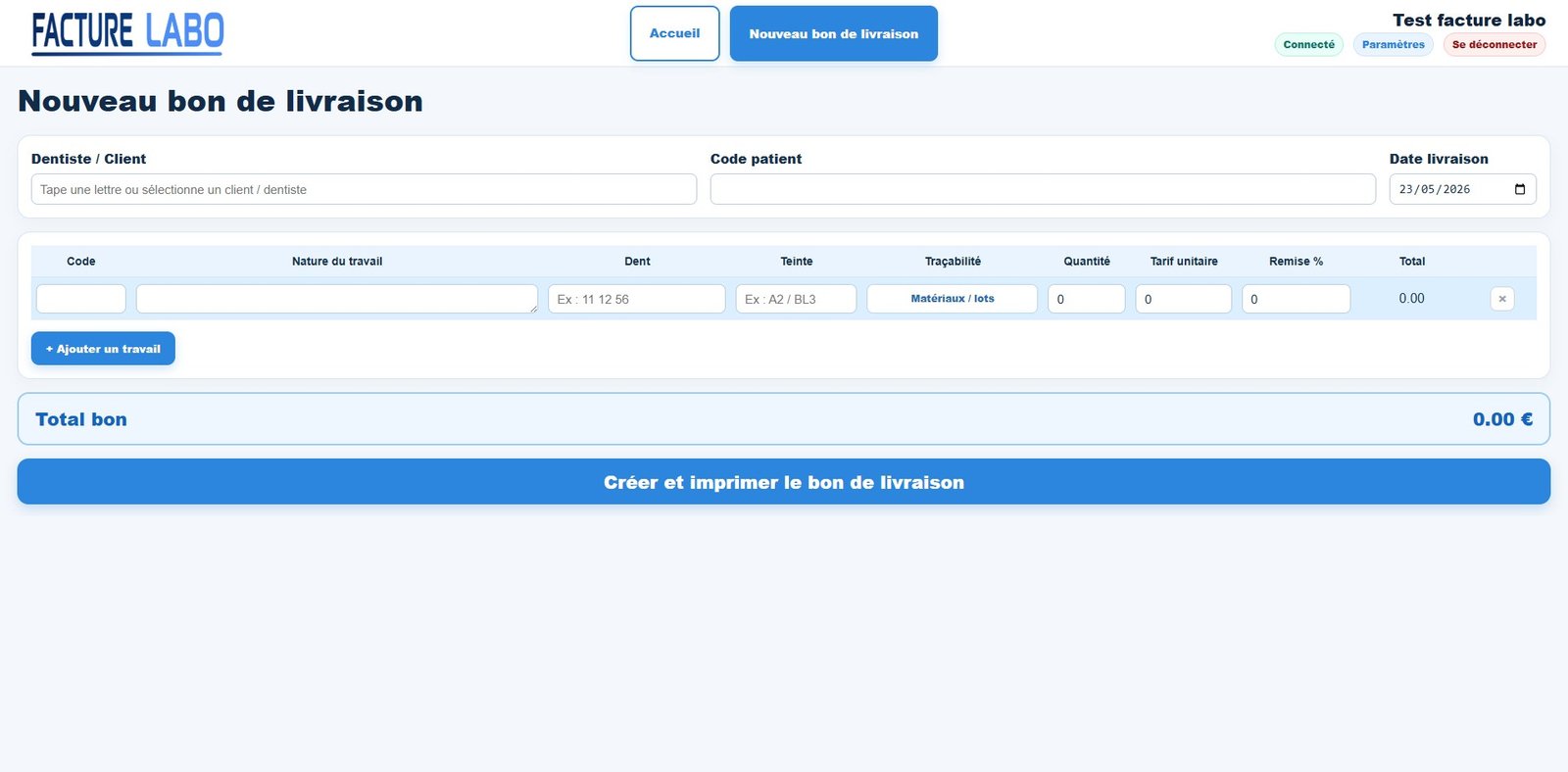 Aperçu du logiciel de gestion Facture Labo pour laboratoire de prothèse dentaire
