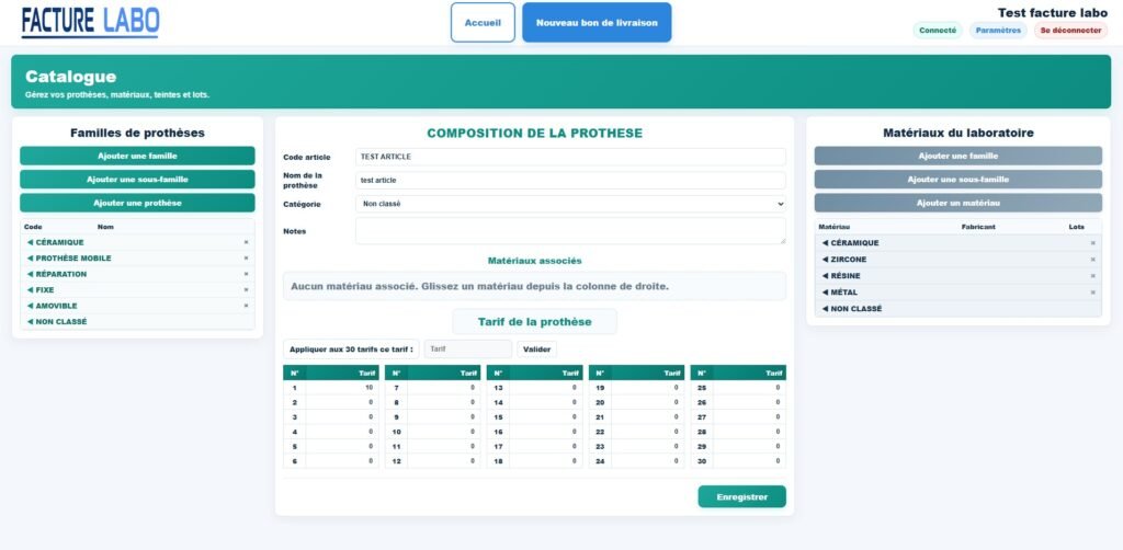 Catalogue de prothèses et prestations dans Facture Labo